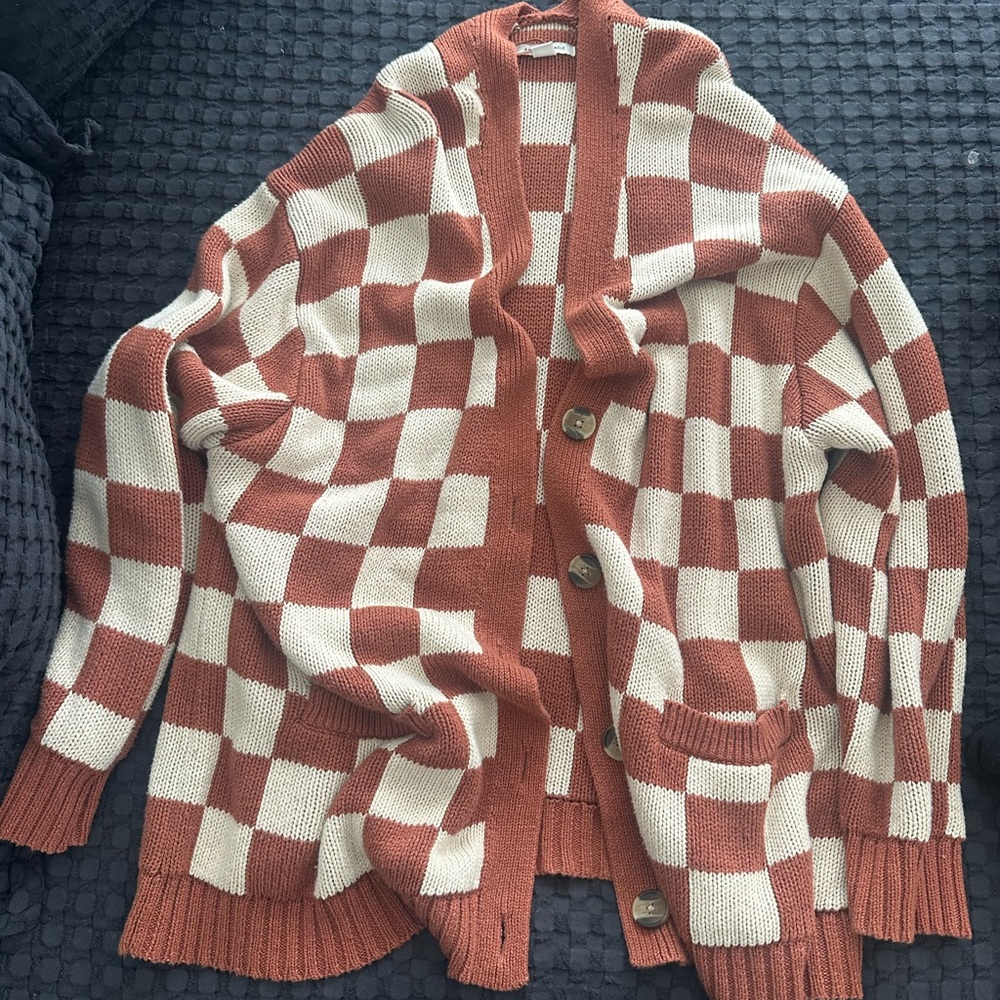 American Eagle Outfitters Rust and Cream Striped Knit Cardigan